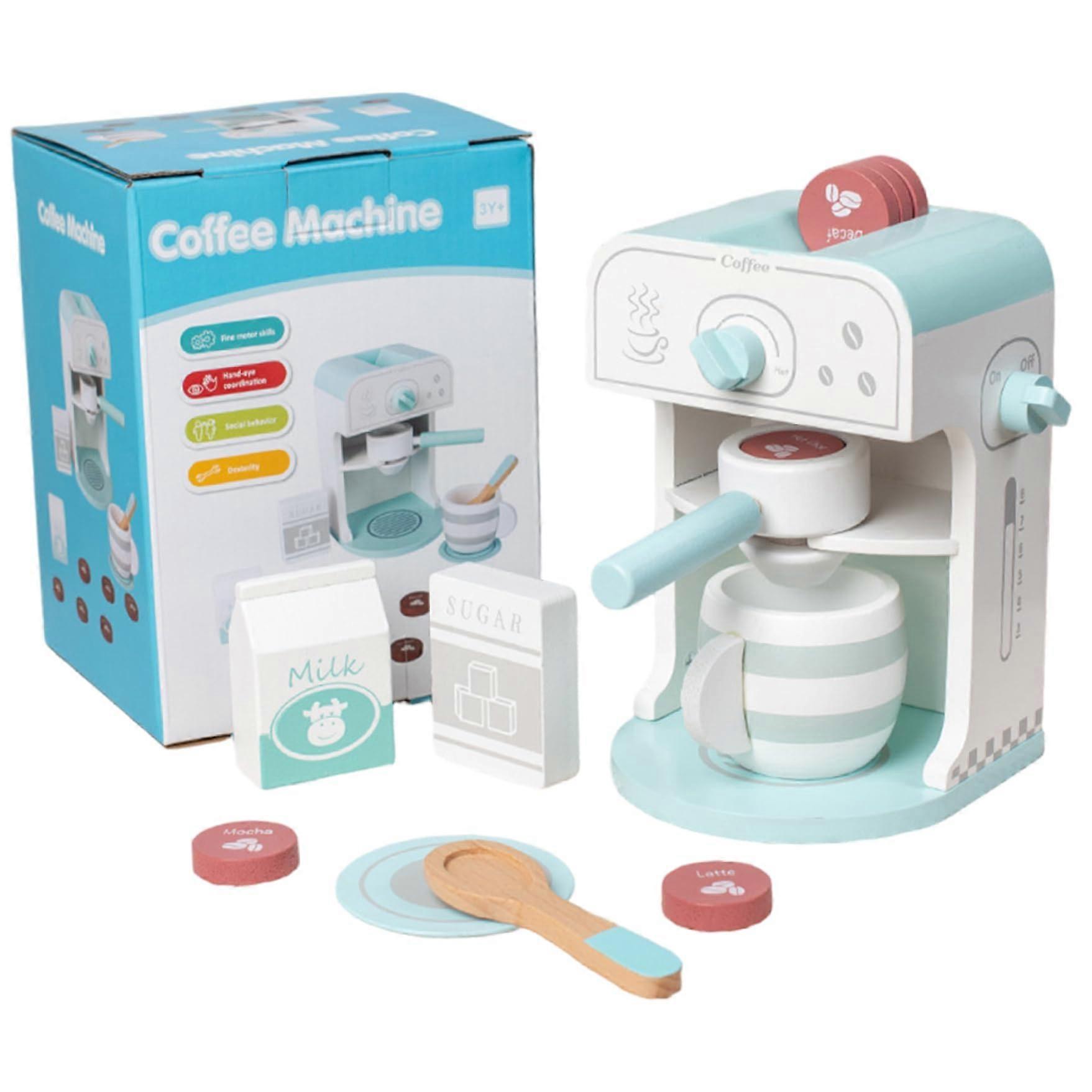 Toy coffee machine for kids, simulated wooden coffee play set, ideal for skill development and imaginative play.