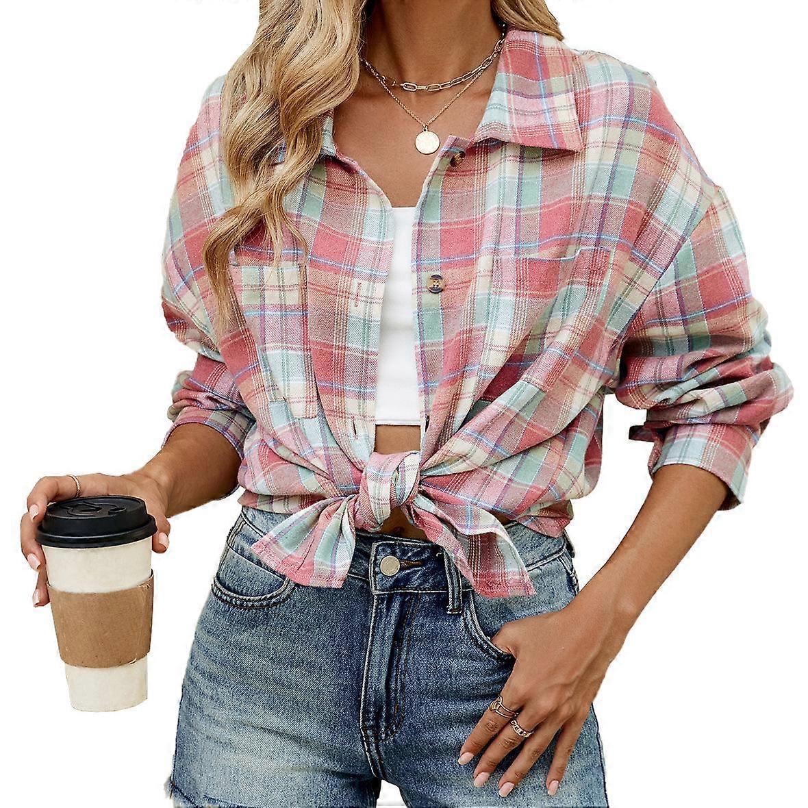 Spring and Autumn Jacket Women's Blouse Plus Size Lapel Long Sleeve Pocket Button Plaid Shirt