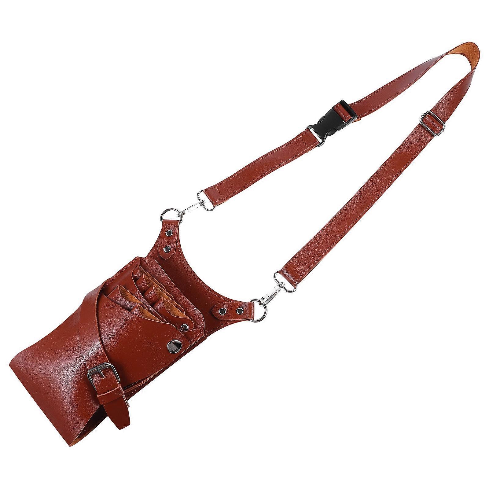 Durable PU Barber Scissors Pouch with Waist Belt for Hairdressers Brown Compact Size