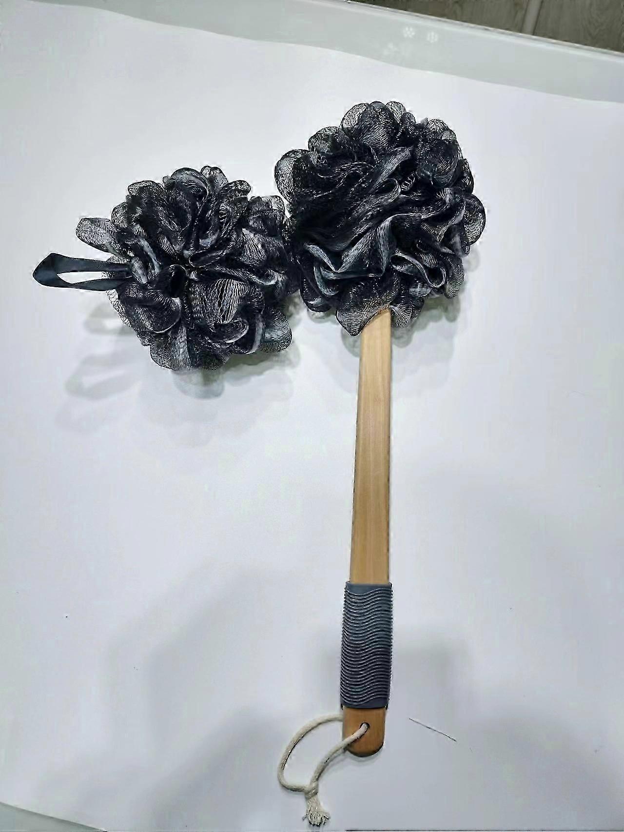 Wooden Handle Loofah Scrubber - PE Mesh Body Exfoliator for Men & Women (Black)
