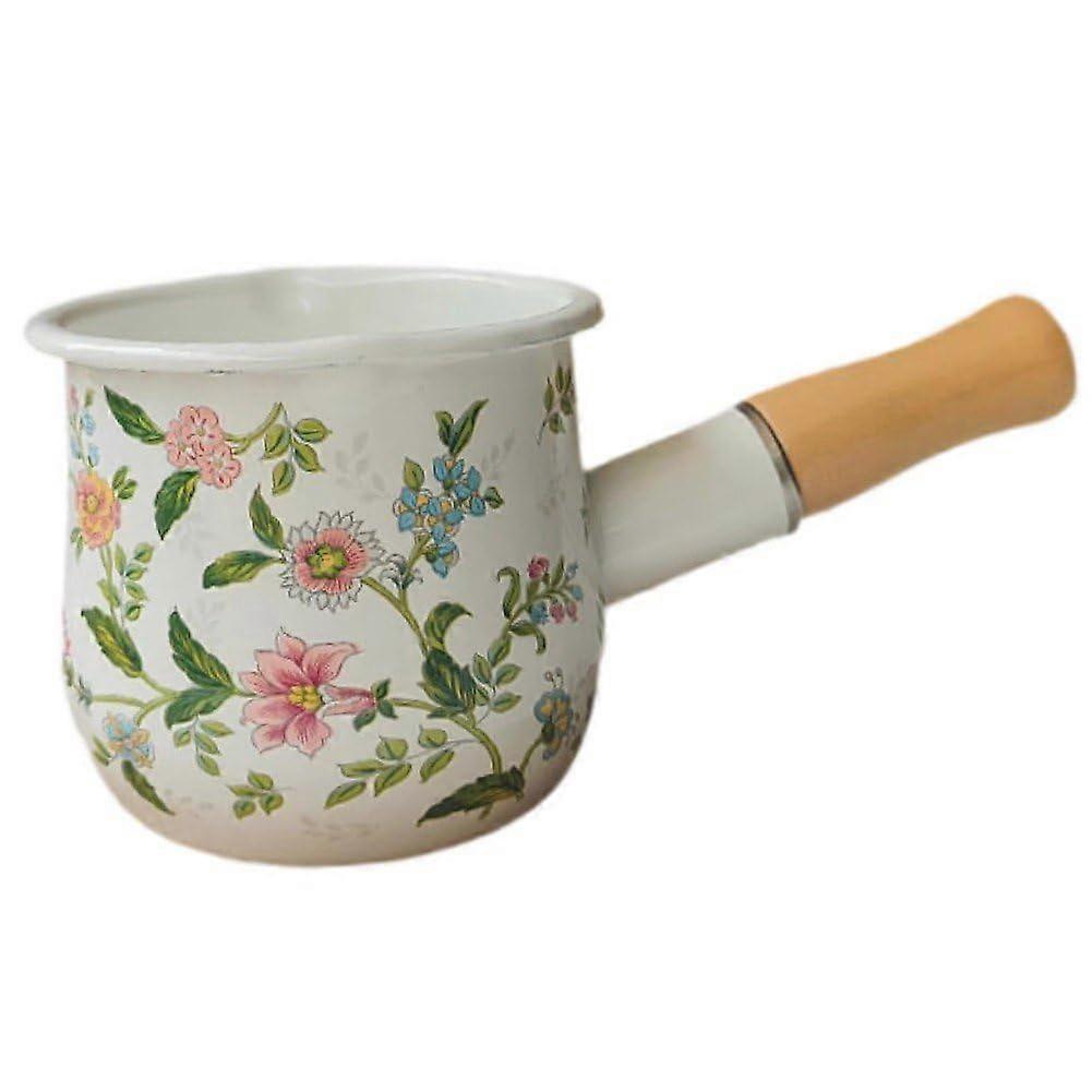 Enameled milk pot with wooden handle, butter warmer pan, milk melting pot for heating milk, melting butter, and boiling water.