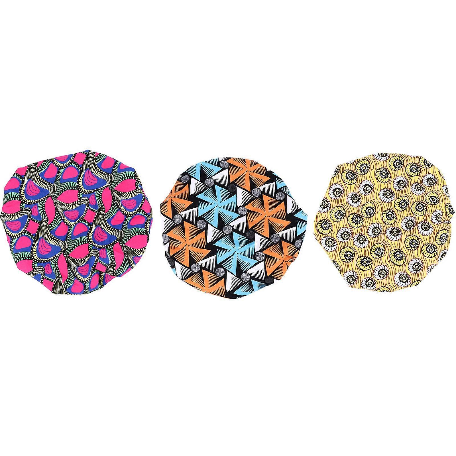 3pcs Adjustable Satin Bonnet Sleep Caps with African Batik Prints for Boys – Double Round Design, Includes Chrysanthemum Yellow, Triangle Snowflake,