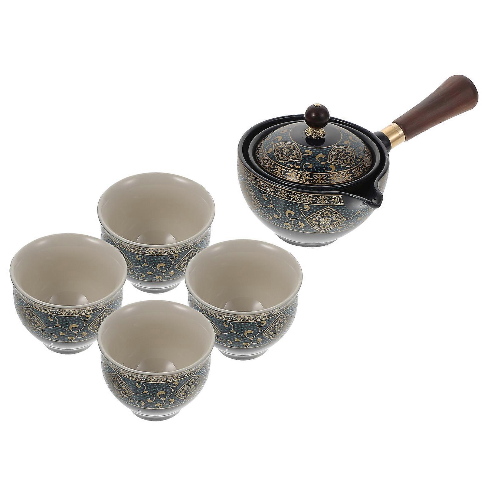 Filtering Ceramic Tea Pot for Adults Black Porcelain Material Home Use Tea Ware 1 Set