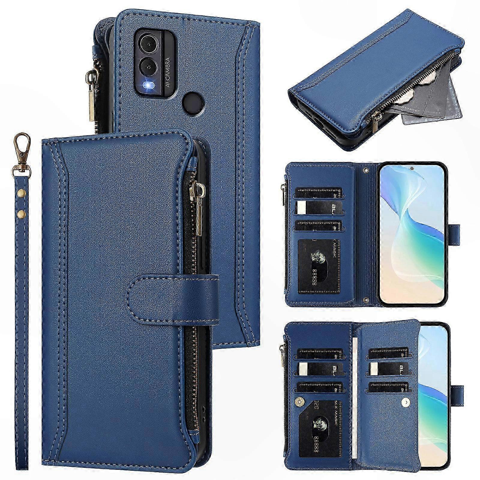 Leather Zippered Case with Magnetic Closure, Hand Strap, and 9 Card Slots