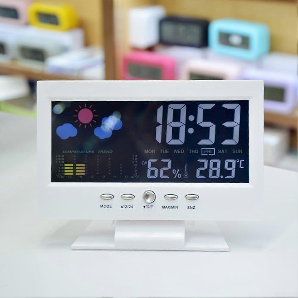 Digital Climate Monitor Thermometer Hygrometer With LCD Display Clock Energy Saving Voice Activation Technology White