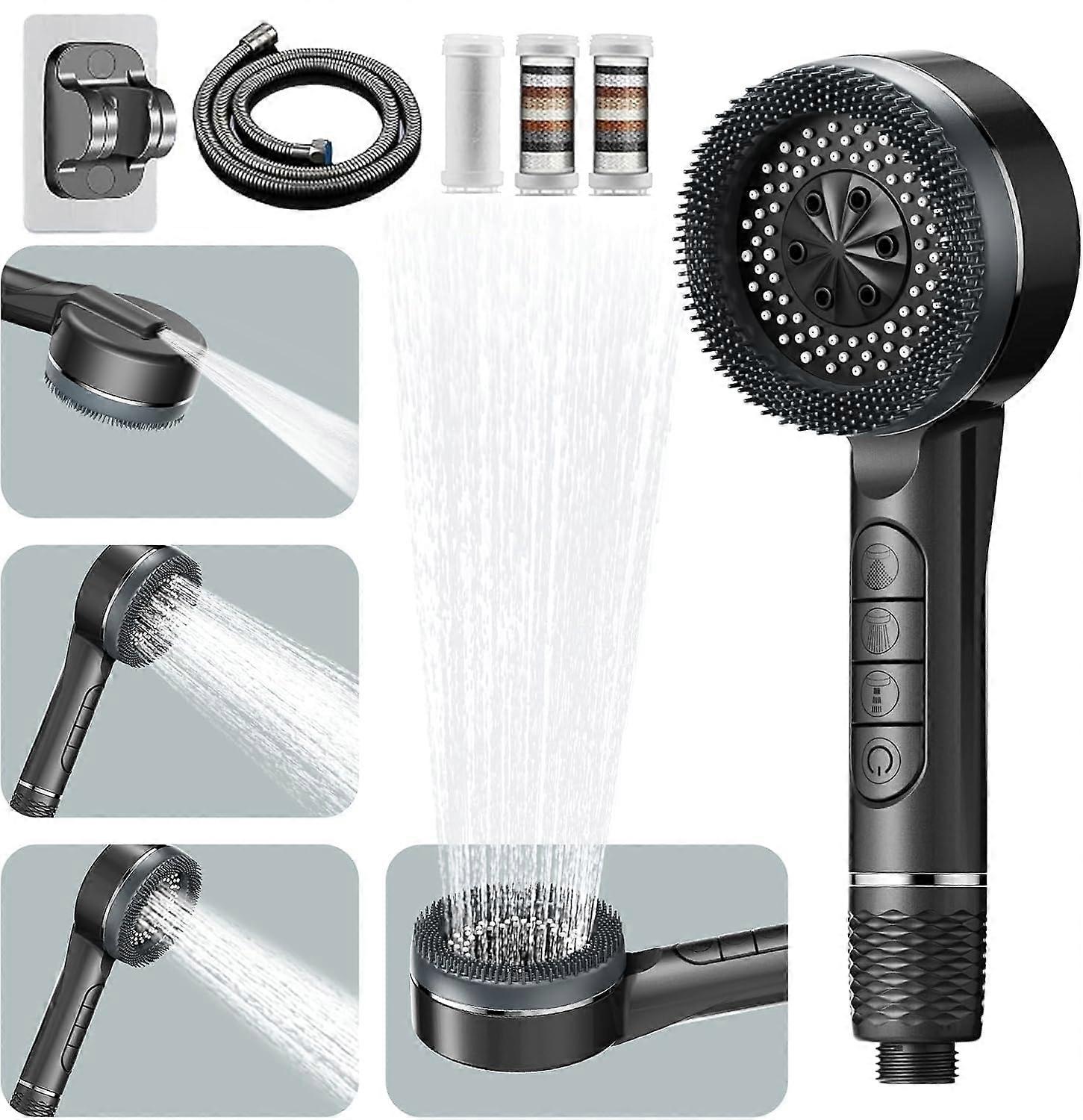 Hard Water Filter Shower Head With 1.5m Hose And Holder 4-Mode High Pressure, Pause Switch, Handheld Massage, Grey Pro 2