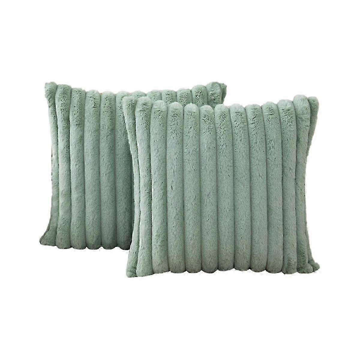 Faux Fur Plush Green Throw Pillow Covers Fuzzy Striped Pillowcase Cushion Covers 18 X 18 Inch Decor