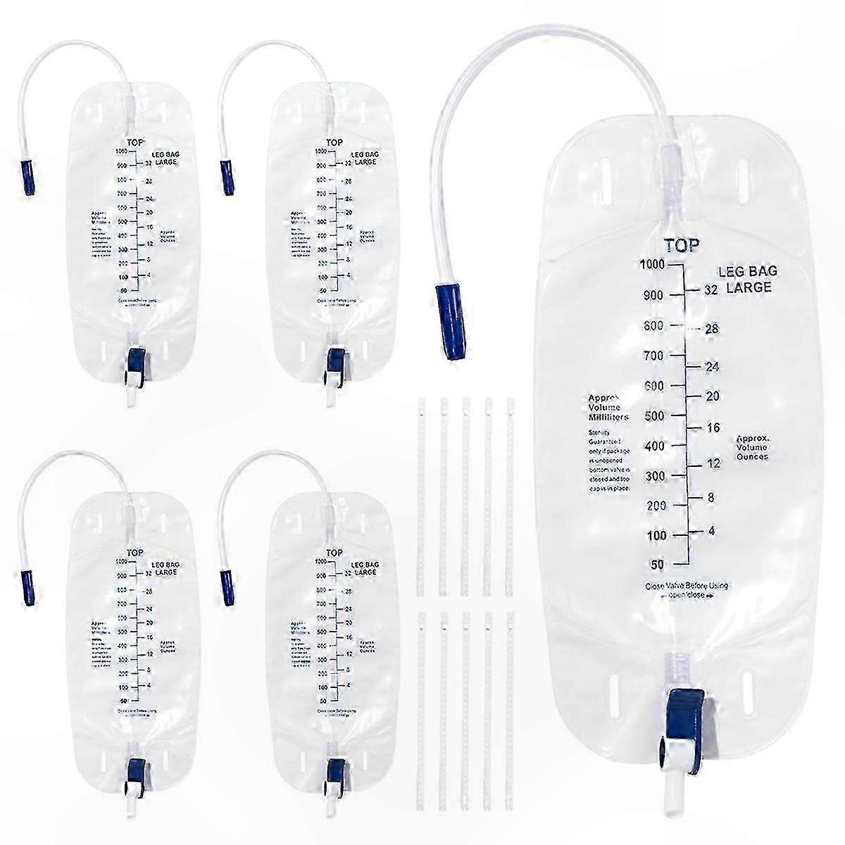 1000ml Leg Bag for Urinary Drainage, 5-Pack Lightweight and Portable Design