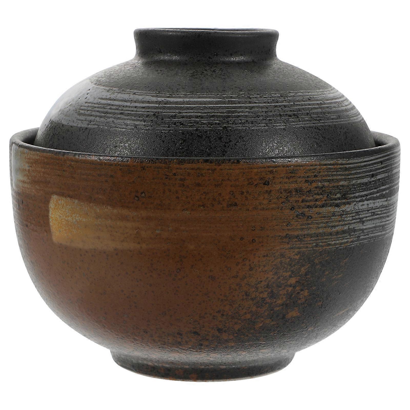 Ceramic Soup Bowl Stewing Pot for Storage Use Black 3Pcs Set