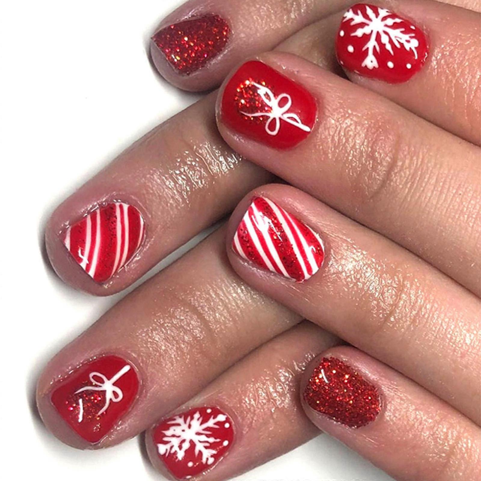 24Pieces Holiday Glitters False Nail Red Snowflake Patterns Square Tip NonToxic Nail Art for Christmas Parties Event Multicolor