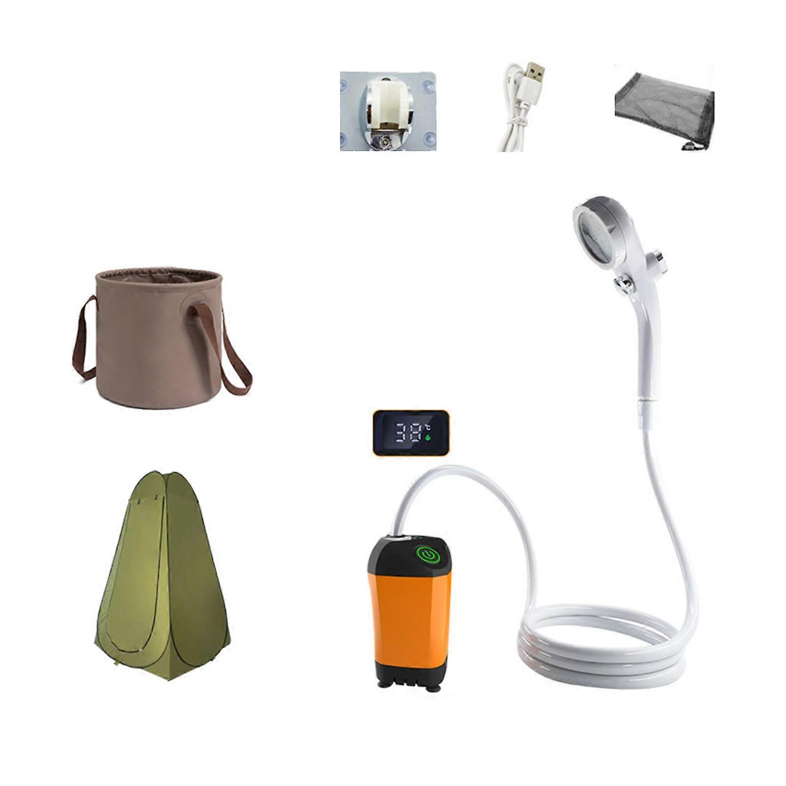 מקלחת ניידת לקמפינג, משאבה נטענת למקלחת חשמלית חיצונית עם תצוגה דיגיטלית, זרבובית ראש מקלחת קמפינג בצבע כתום