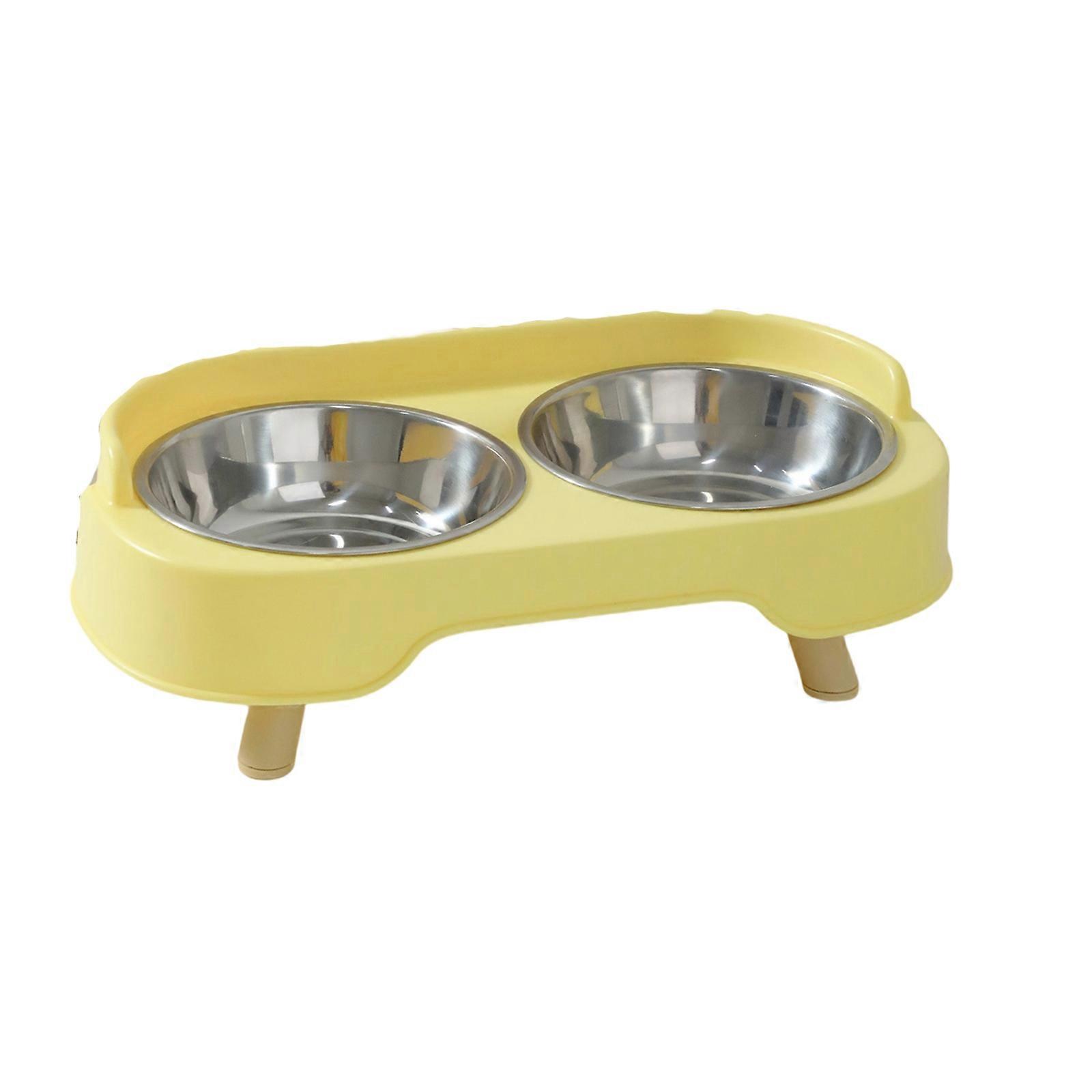 Ensemble de deux gamelles en acier inoxydable pour chats, forme canapé, avec base, jaune.
