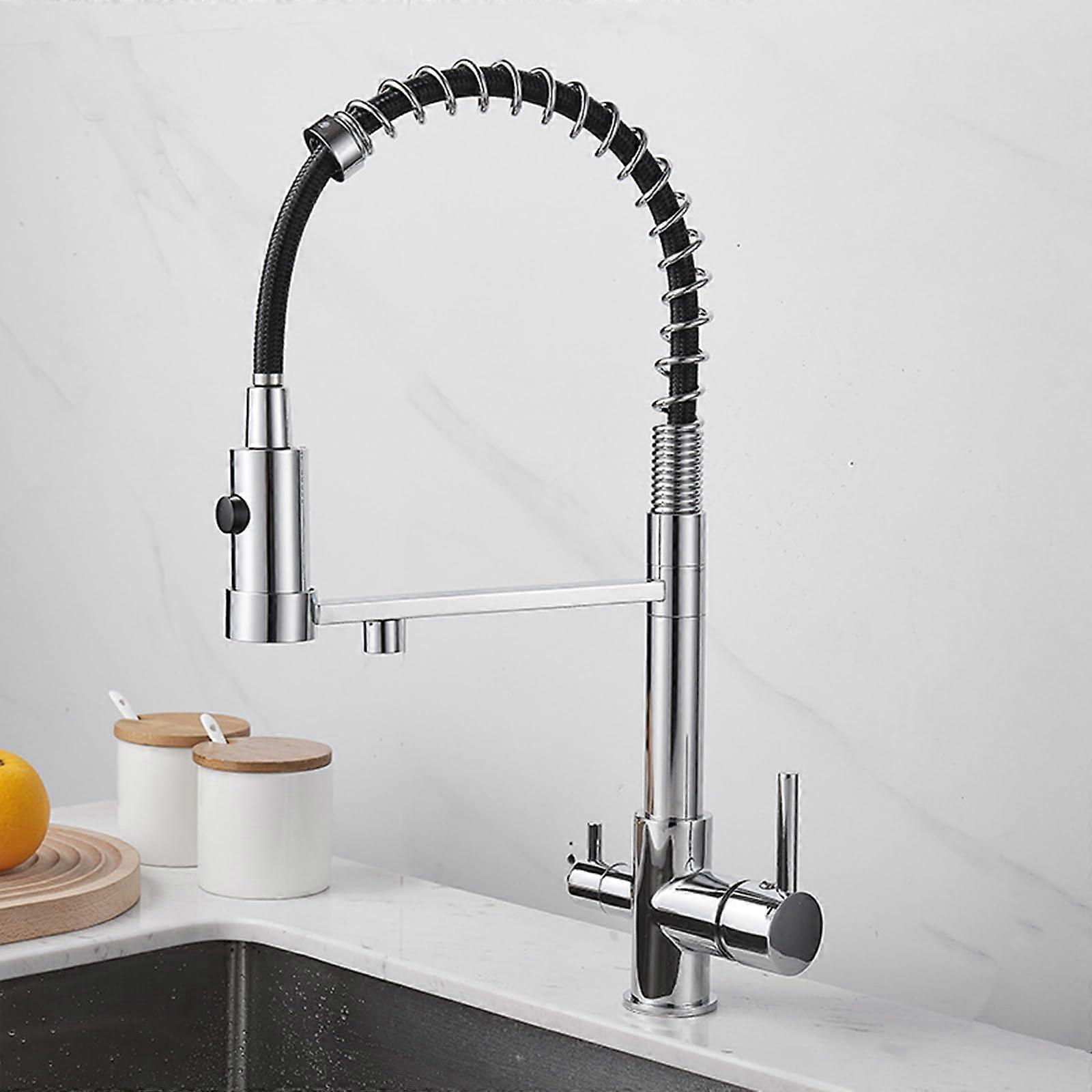 3 Way Kitchen Mixer Tap with PullOut Filter Spout, Dual Lever Chrome Faucet for Modern Sinks