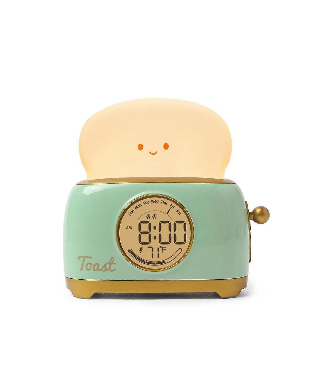 Kids Alarm Clock with Night Light, Sleep Trainer Clock for Toddlers, Cute Toast Design, Green