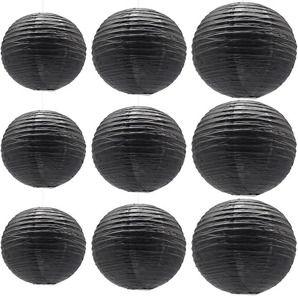 9Pcs Black Round Hanging Paper Lanterns 8/10/12in Elegant Chinese Lanterns for Wedding and Party Decor