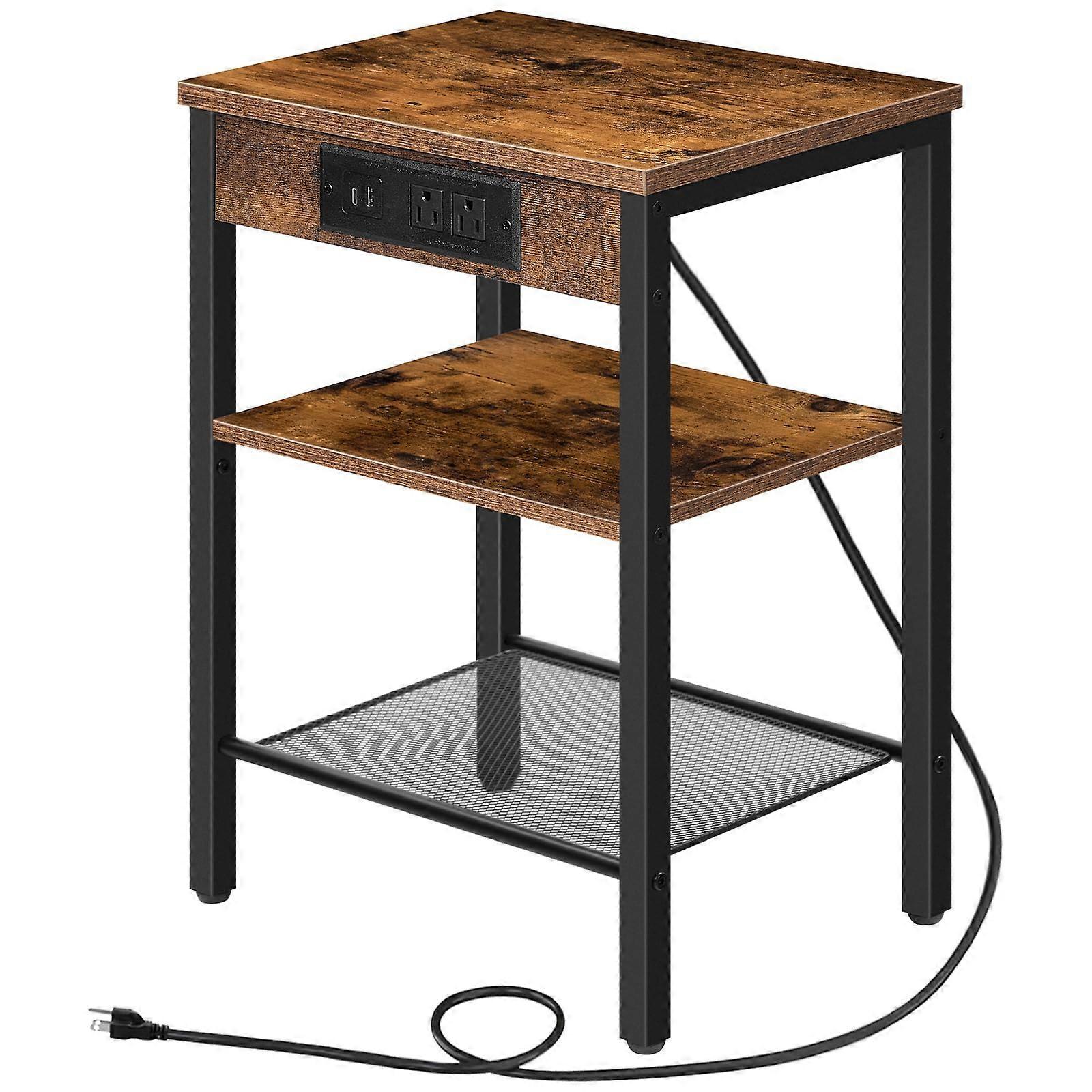 Rustic Brown Side Table with Charging Station and USB Ports, 3Tier Nightstand with Adjustable Shelves for Small Spaces