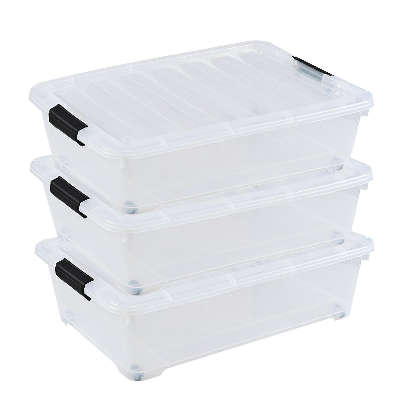 3Pack Underbed Storage Bins with Wheels, 20 Quart Clear Stackable Plastic Boxes with Latching Lid