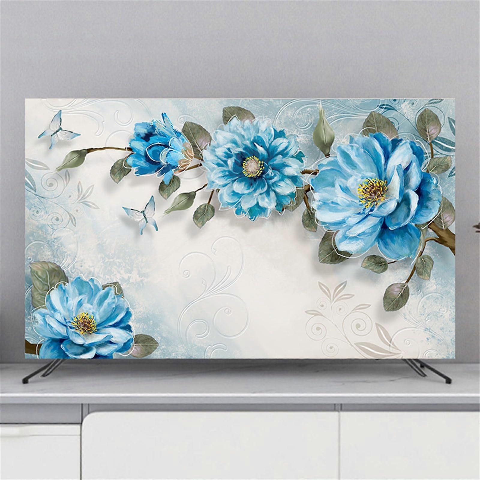 80 Inch TV Dust Cover Blue Flower Pattern Elastic Screen Protector Breathable Fabric