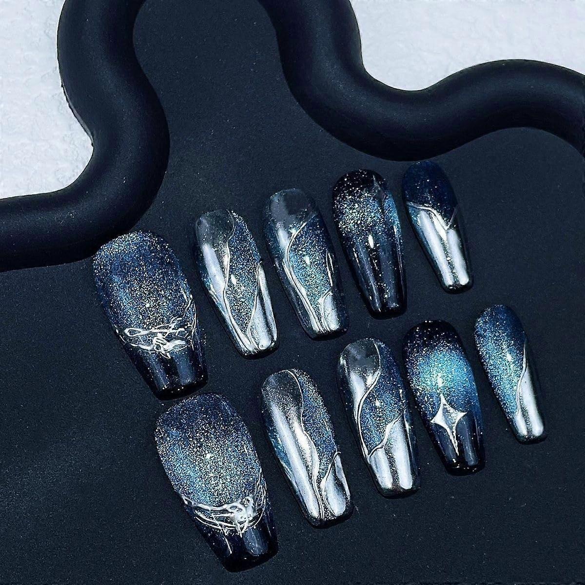 Metallic Blue Galaxy Press On Nails Long Coffin Shape False Nail Tips with Chrome Sparkle Finish