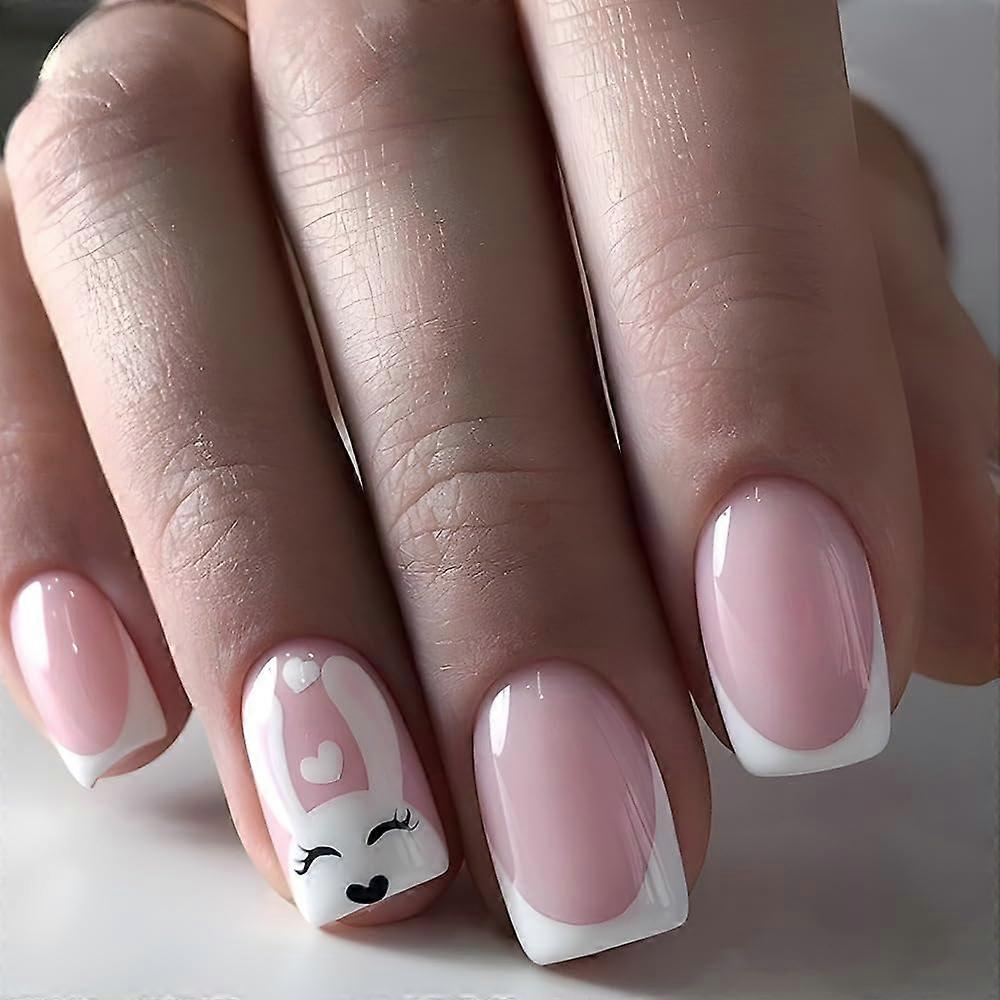 Easter Bunny Press on Nails Medium Square Acrylic Fake Nails with Cute Rabbit Heart Design Kit