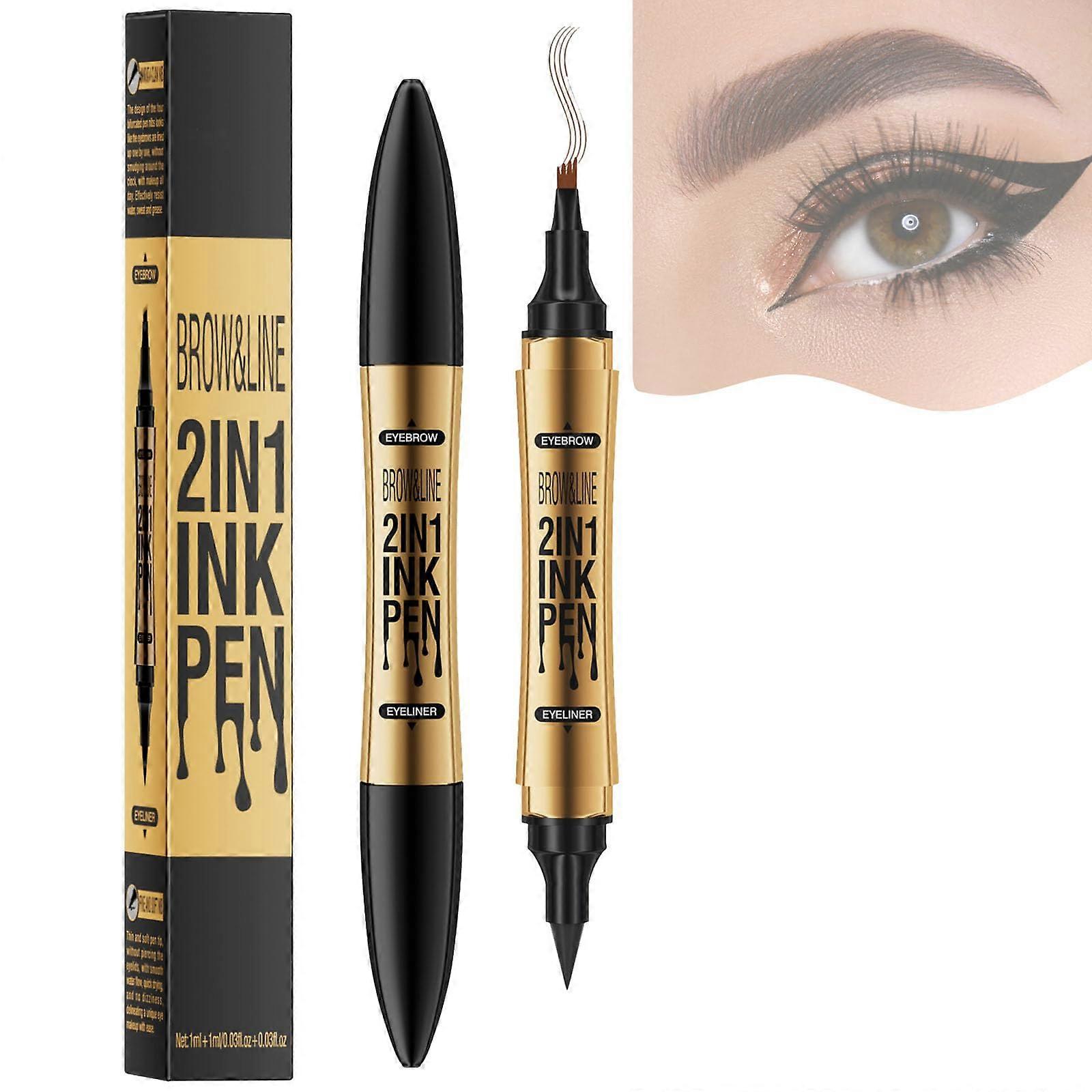 Waterproof 2 in 1 Eyebrow Pencil with Eyeliner, 4 Fork Tip Microblading Light Brown for 3D Brows