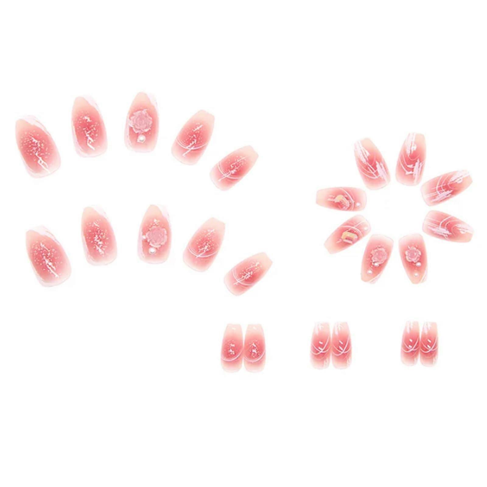 24pcs Short Press On False Nails Flower Pearl Art Secure Fit Easy Application with Tools