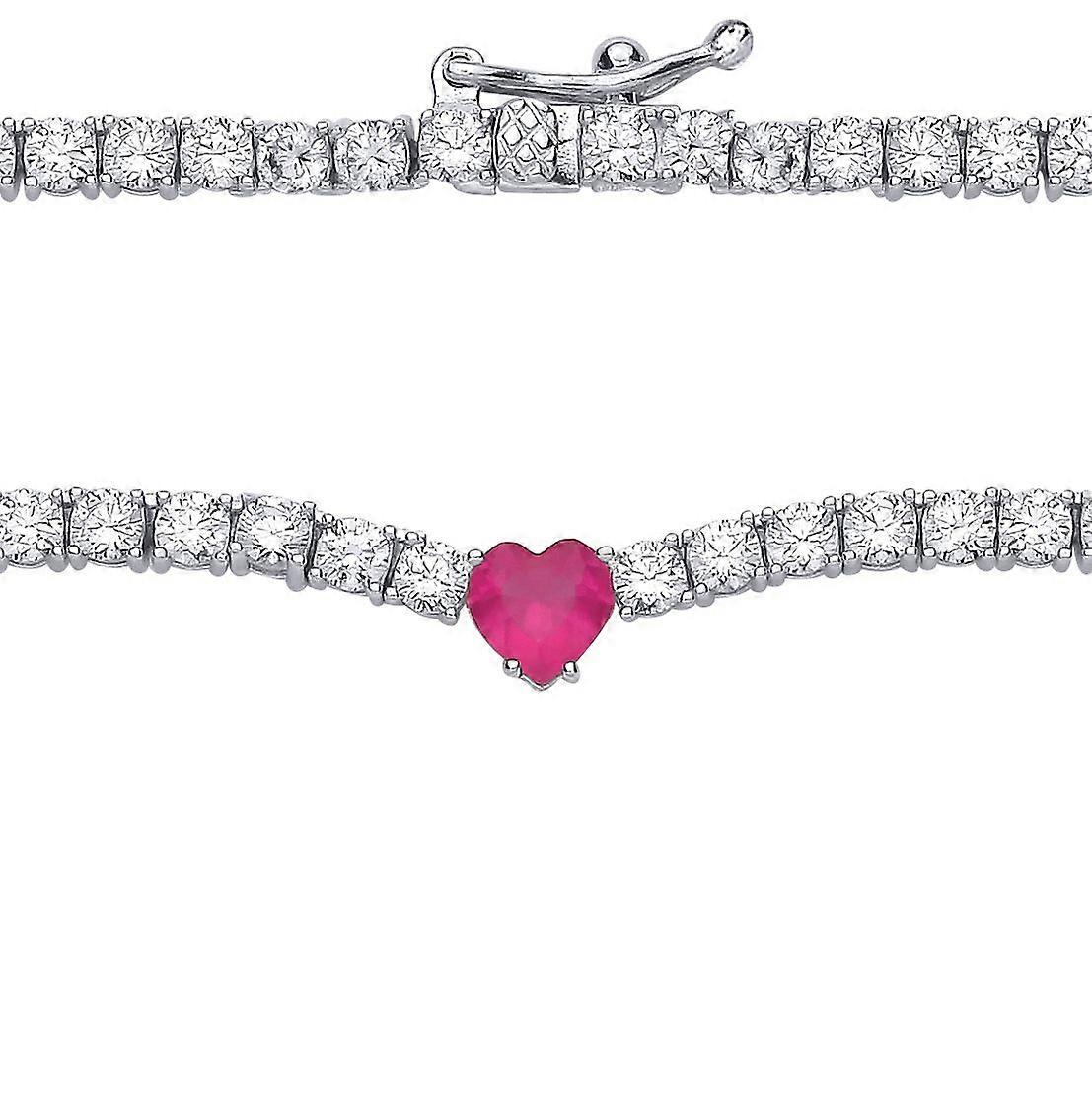 Jewelco London Ladies Rhodium Sterling Silver Rose Red Heart CZ Love Heart 4 Claw Eternity Tennis Necklace