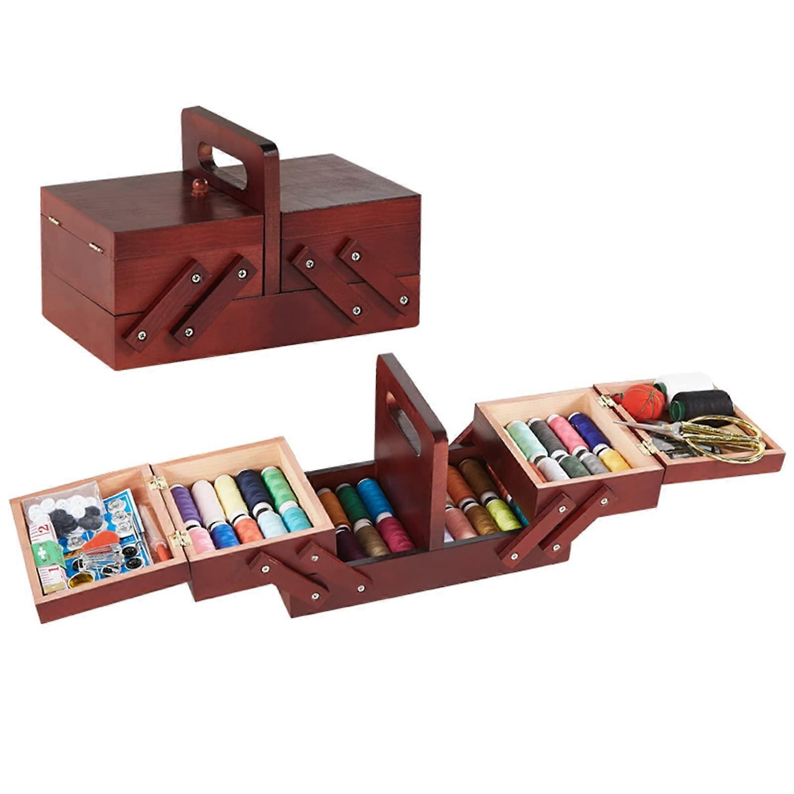Wooden Expandable Sewing Box with Handle, Multi Layer Embroidery Organizer, Ample Storage Space