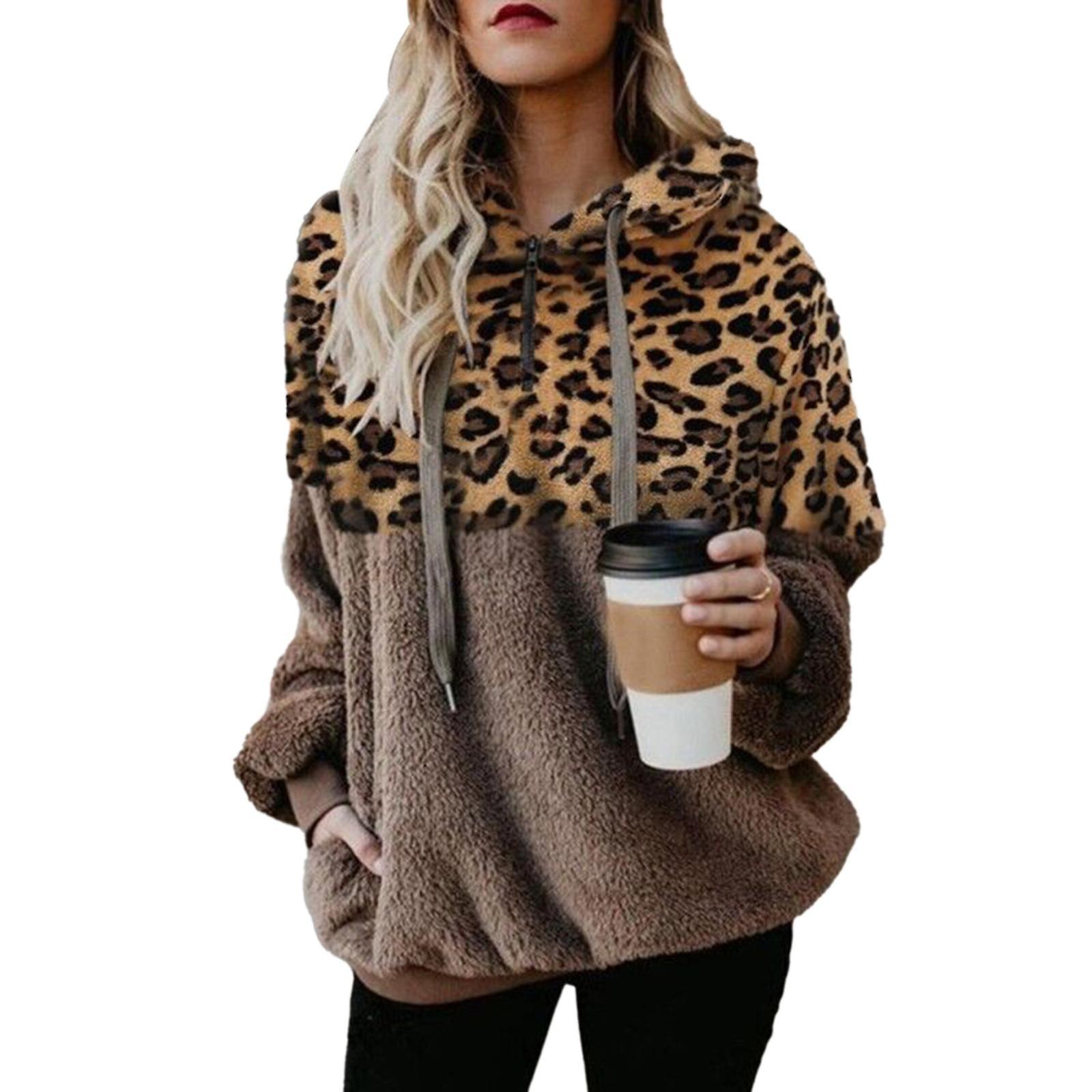 Hettegenser For Kvinner Leopard Print Plysj Genser Med Lommer Drawstring Hette