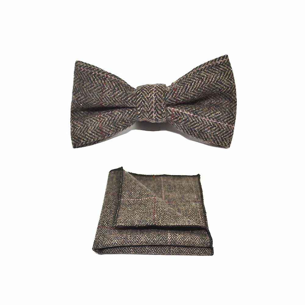Luxury Herringbone Mocha Brown Bow Tie & Pocket Square Set