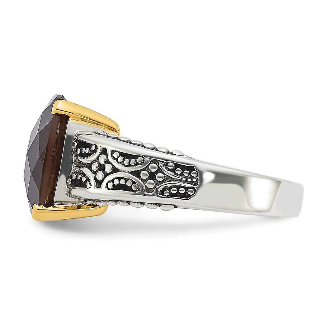 Sterling Silver & 14k Yellow Gold Smoky Quartz Ring – 3.70 Ct Prong Set Antique Finish (Sizes 6, 7, 8) - View #3