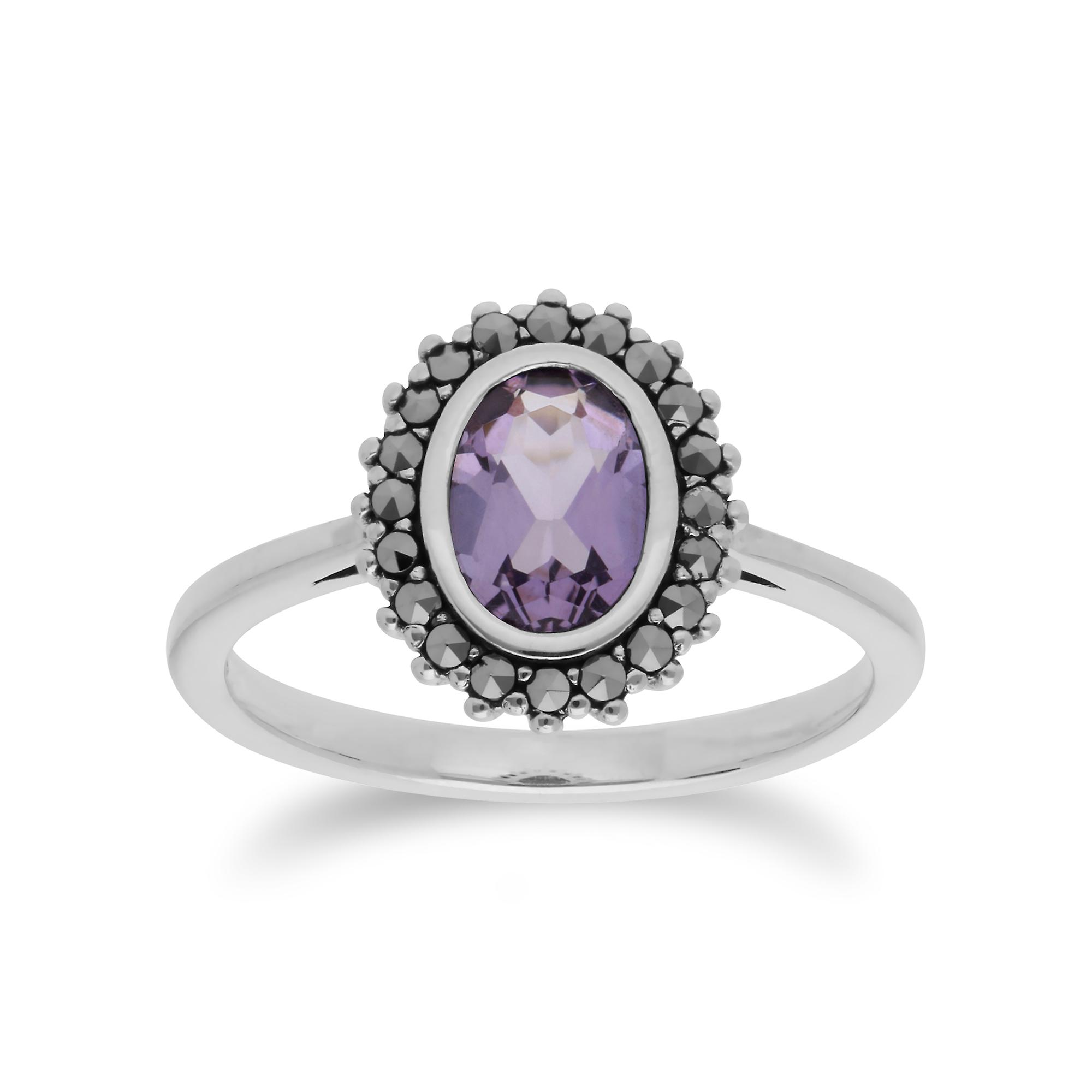 Art Deco Style Oval Amethyst & Marcasite Halo Ring in 925 Sterling Silver 214R599702925