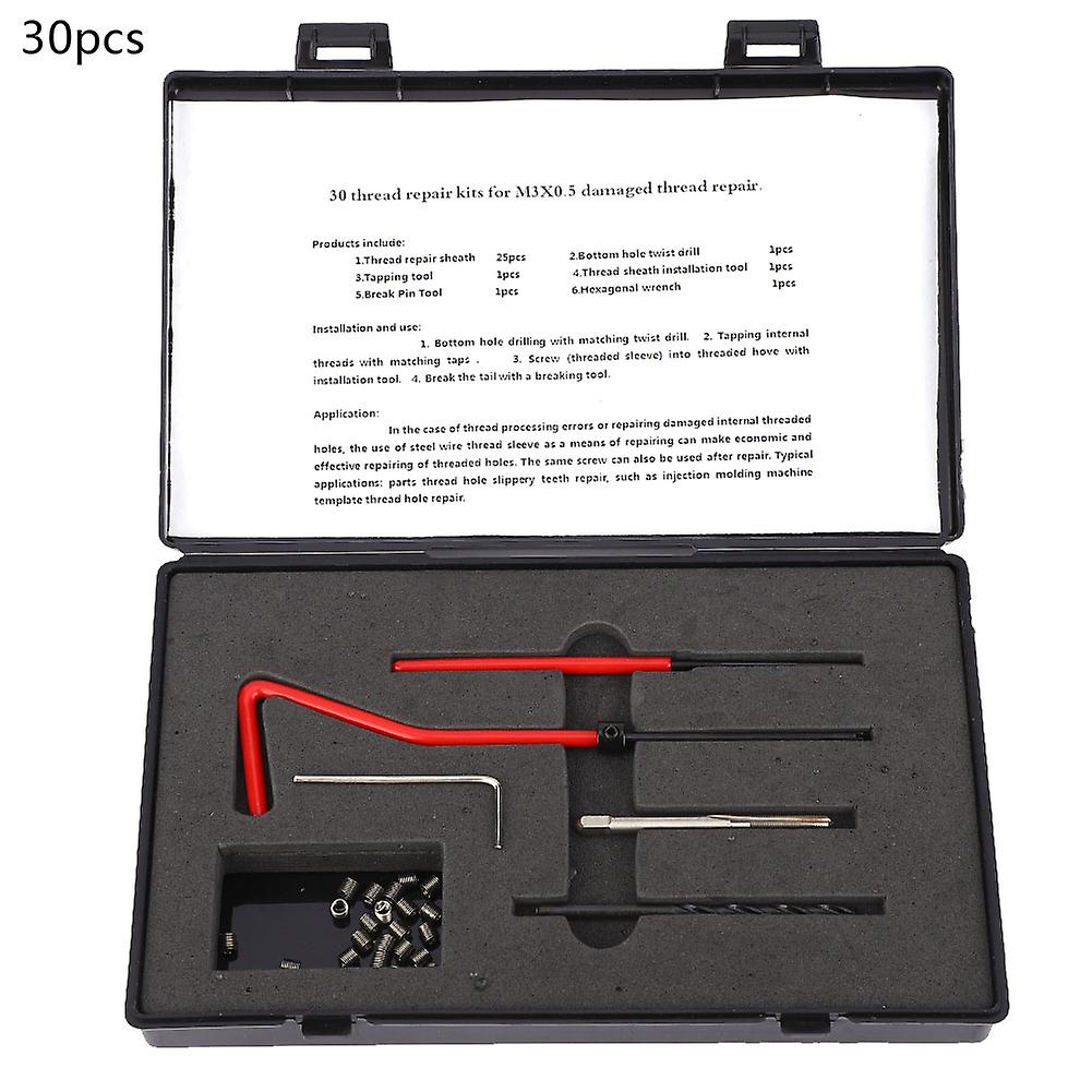 30Pcs Thread Repair Kit Stainless Steel Twisted Drill Wrench Threaded Insert M3 x 0.5