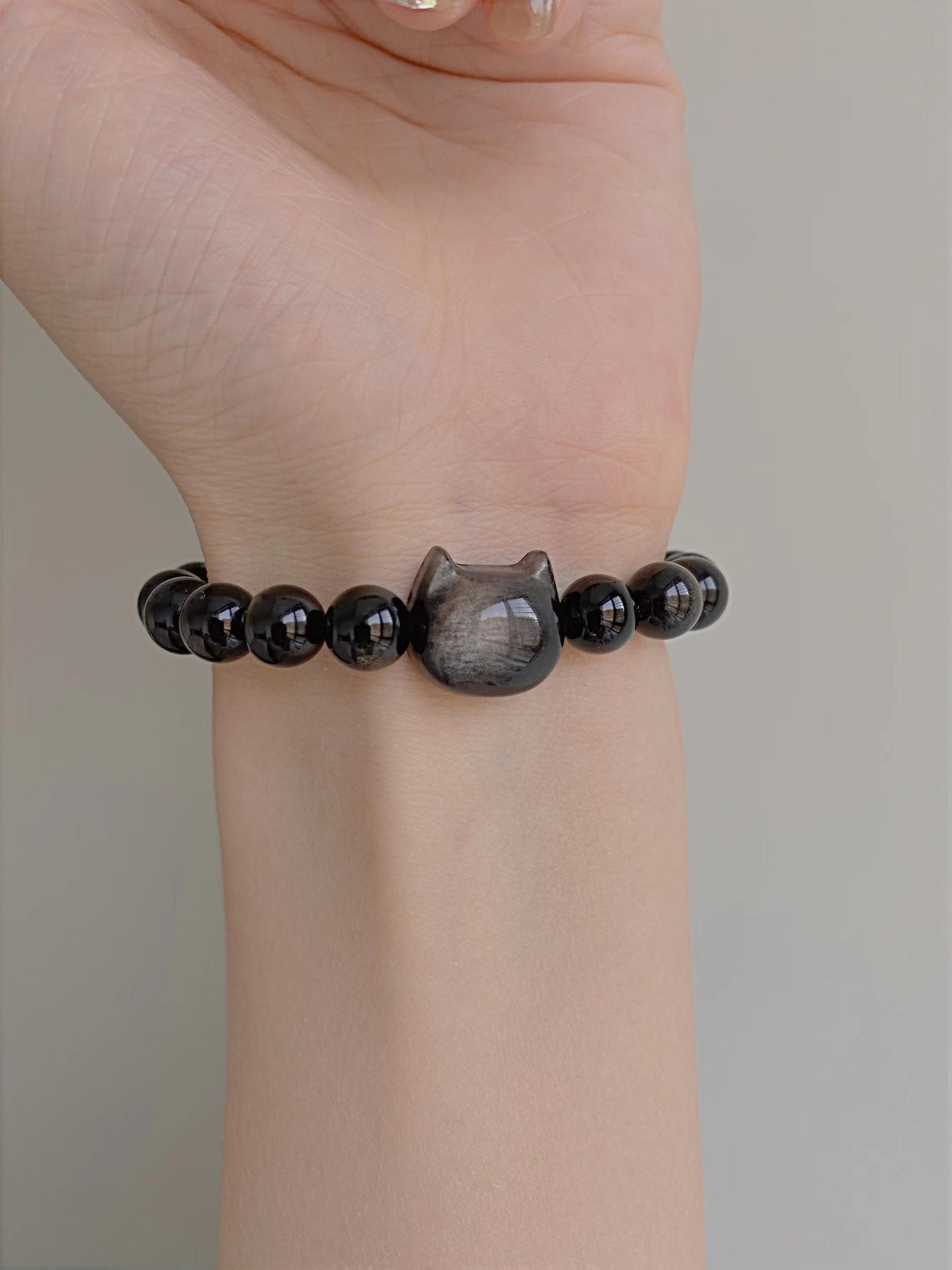 Women's Cat Head Obsidian Bracelet