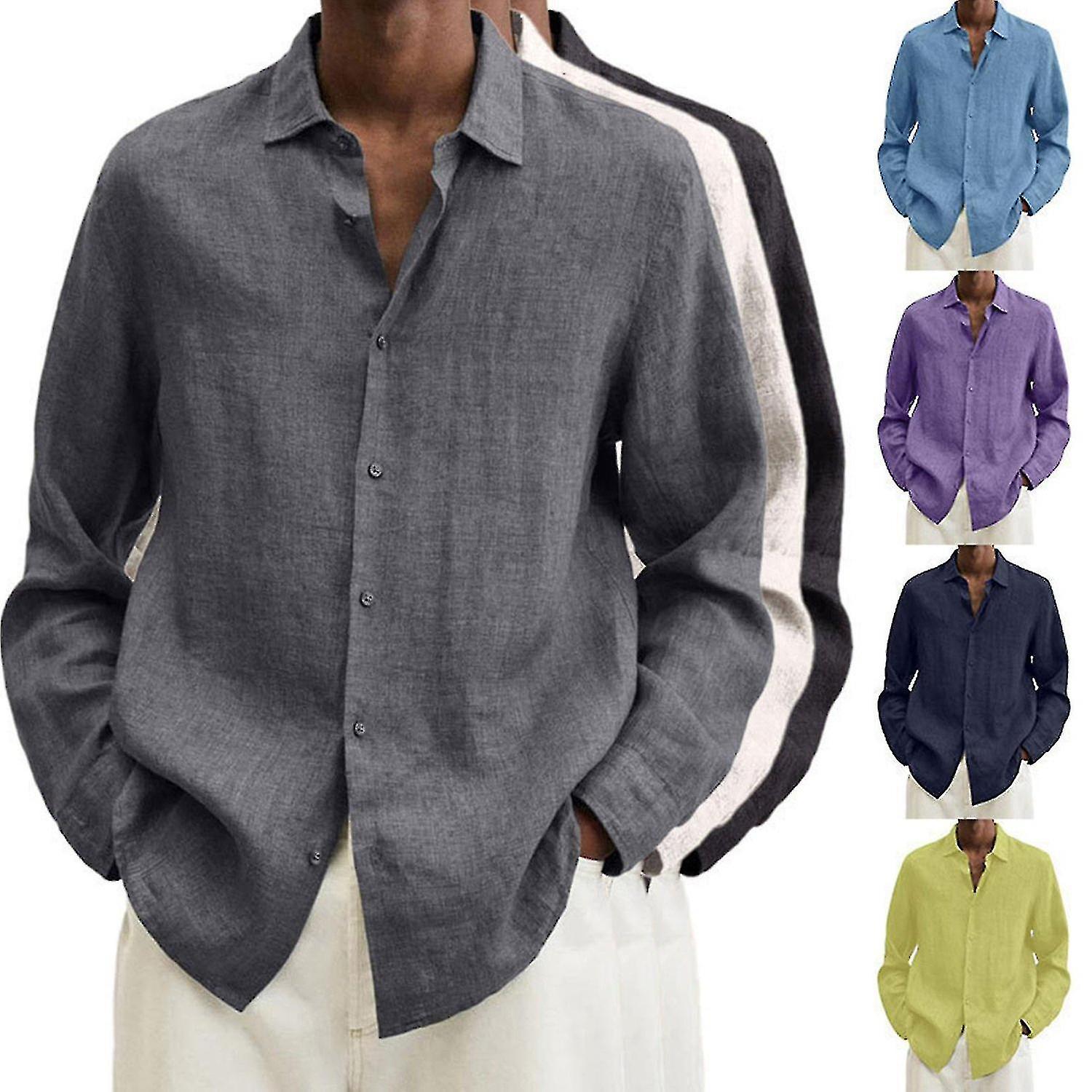 Herre Linned Langærmet Skjorte med regelmæssig pasform Fiskeri T-shirts Linned Casual Solid Button-down Beach Yoga Casu