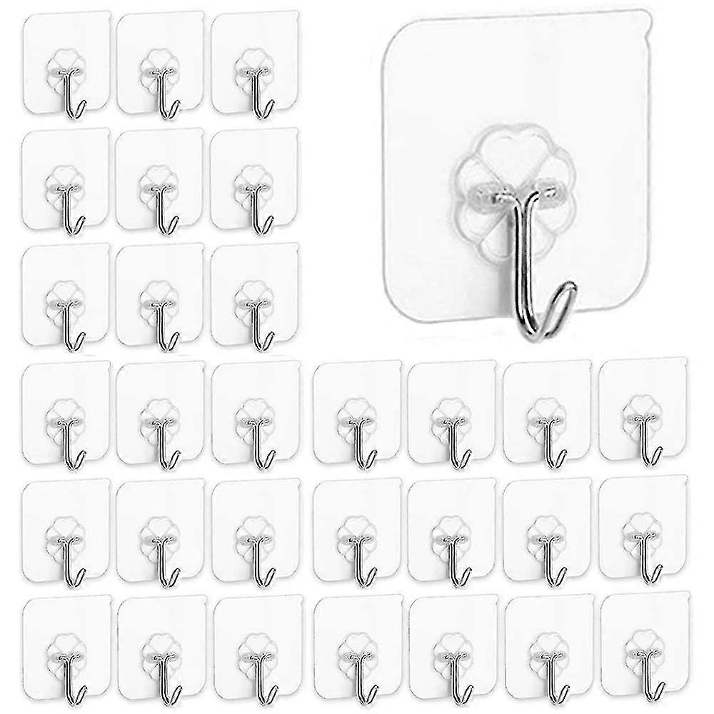 Self Adhesive Hooks, 30 Pack 22lb(max) Reusable Waterproof Anti-skid Traceless Sticky Transparent Hook