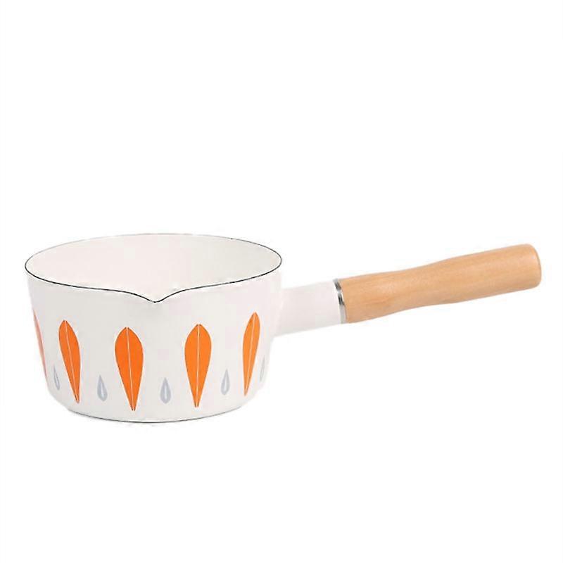 Enamel Small Milk Pot, Cooking Pot, Frying Pan, Beautifully Patterned Soup Pot with Wooden Handle(Orange)