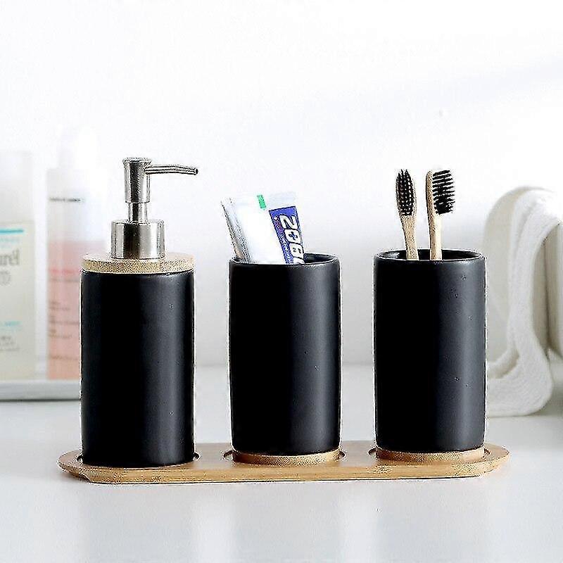 石鹸皿ホルダーセラミック竹タンブラー歯磨きカップバスルームエマルジョン容器液体容器ブラック