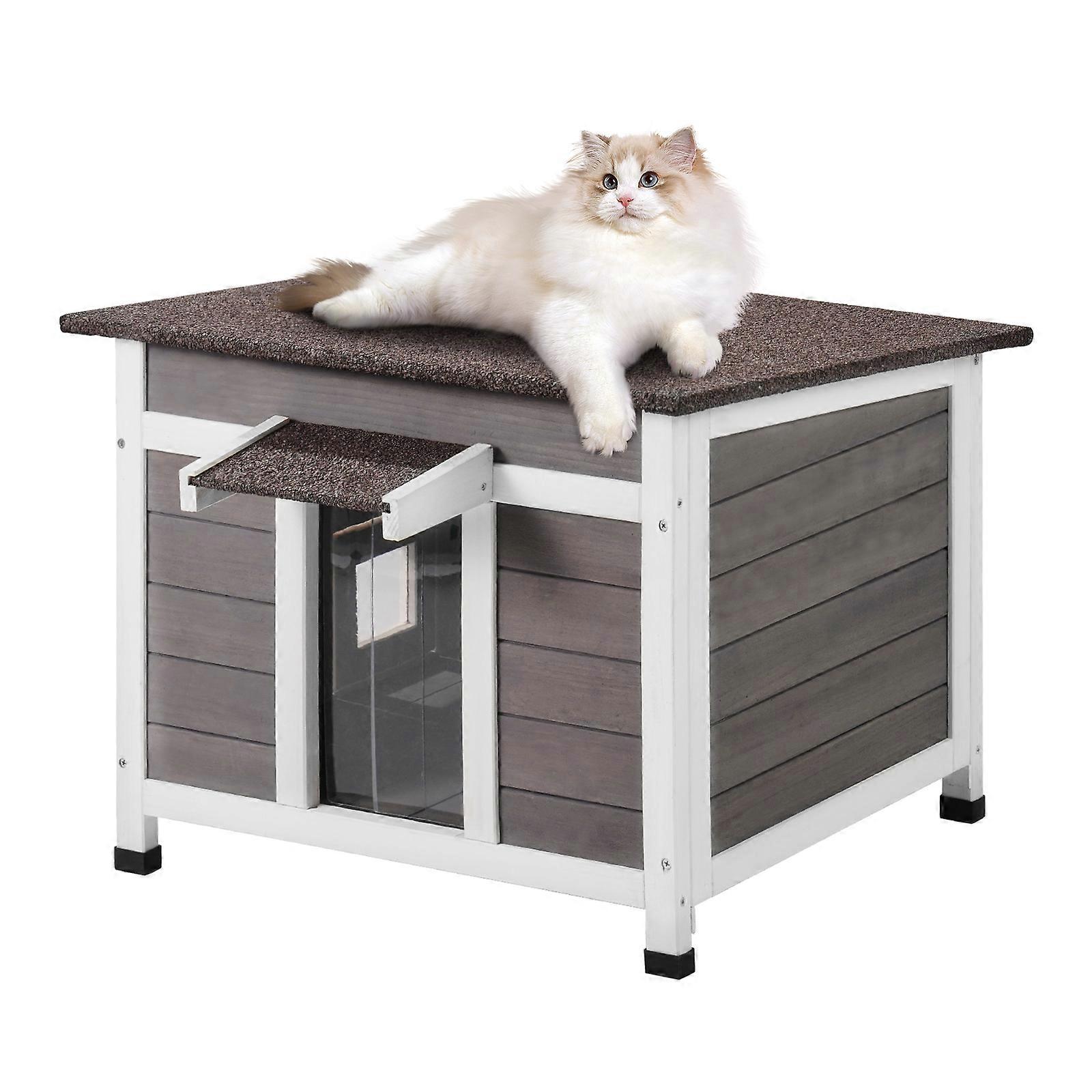 Maison pour chat extérieure résistante aux intempéries, maison extérieure en bois pour chat avec une fenêtre, toit ouvert et volets de porte en PVC, 24 « L x 21 » L x 18 « H