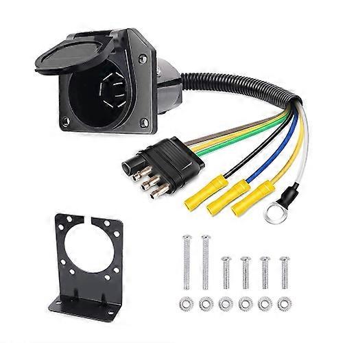 4-Way Flat to 7-Way Round RV Blade Trailer Adapter Reverse Plug with Mounting Bracket