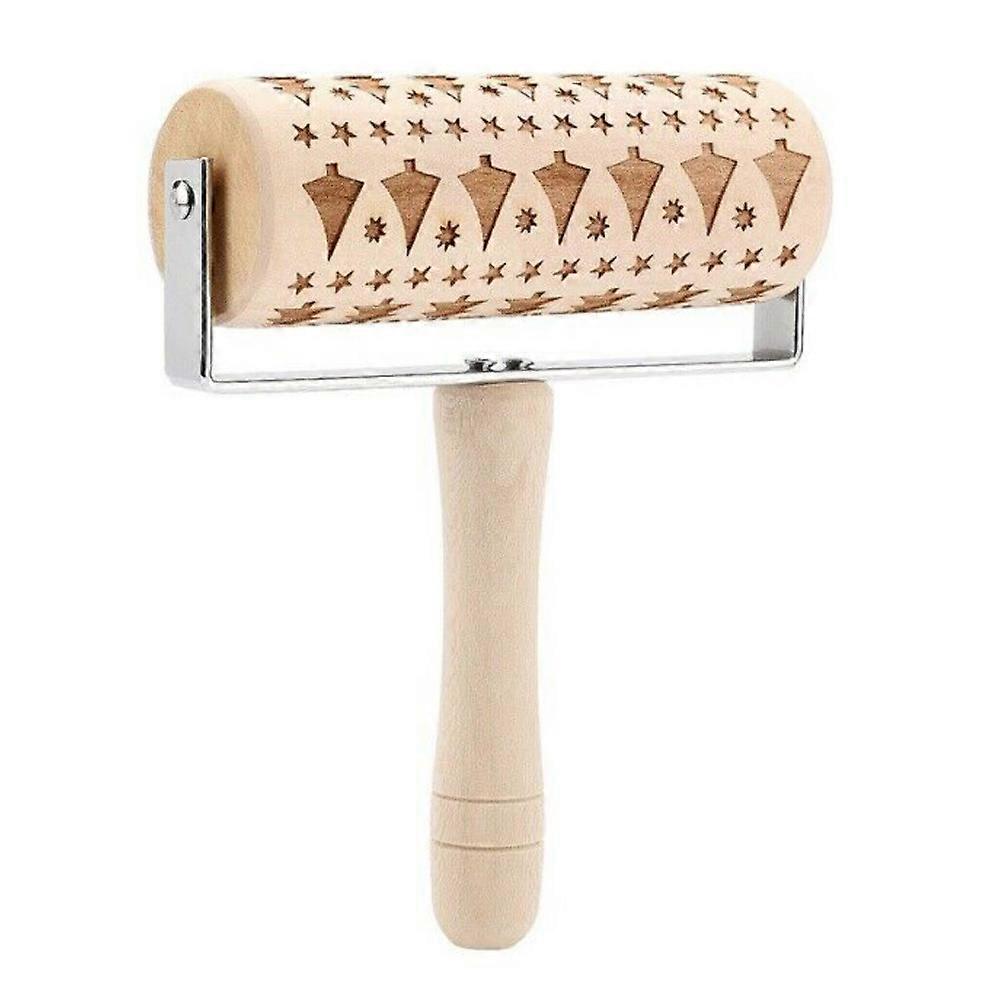 Christmas Embossing Wooden Rolling Pin Cookie Cake Pastry Xmas Dough Roller Baking Tool