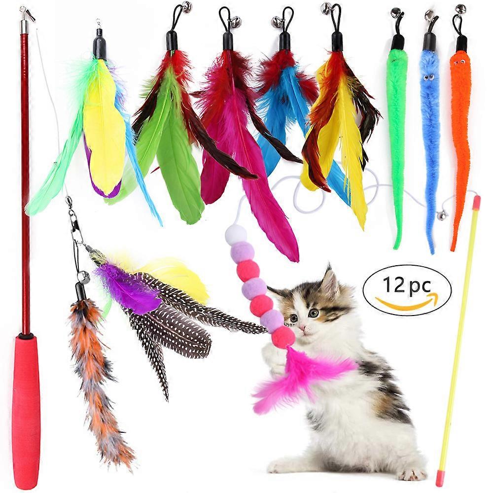 Interactive Retractable Cat Toy,Magic Wand with Teaser Wand,12 Cat Fishing Rod Replacement Feathers with Pendant Spring Bell Attachments Worm Cat Blue