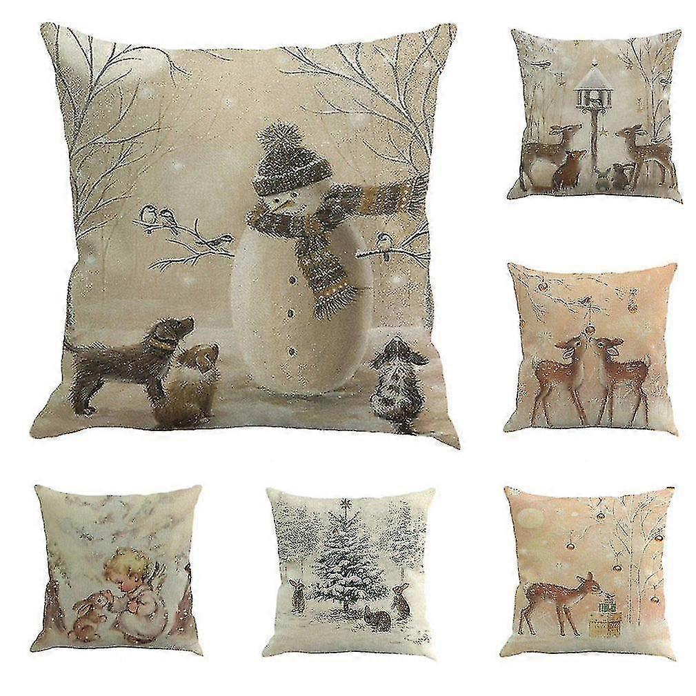 6pcs Christmas Deer Snowman Pattern Pillow Case Square Cotton Linen Cushion Cover For Car 45x45cm