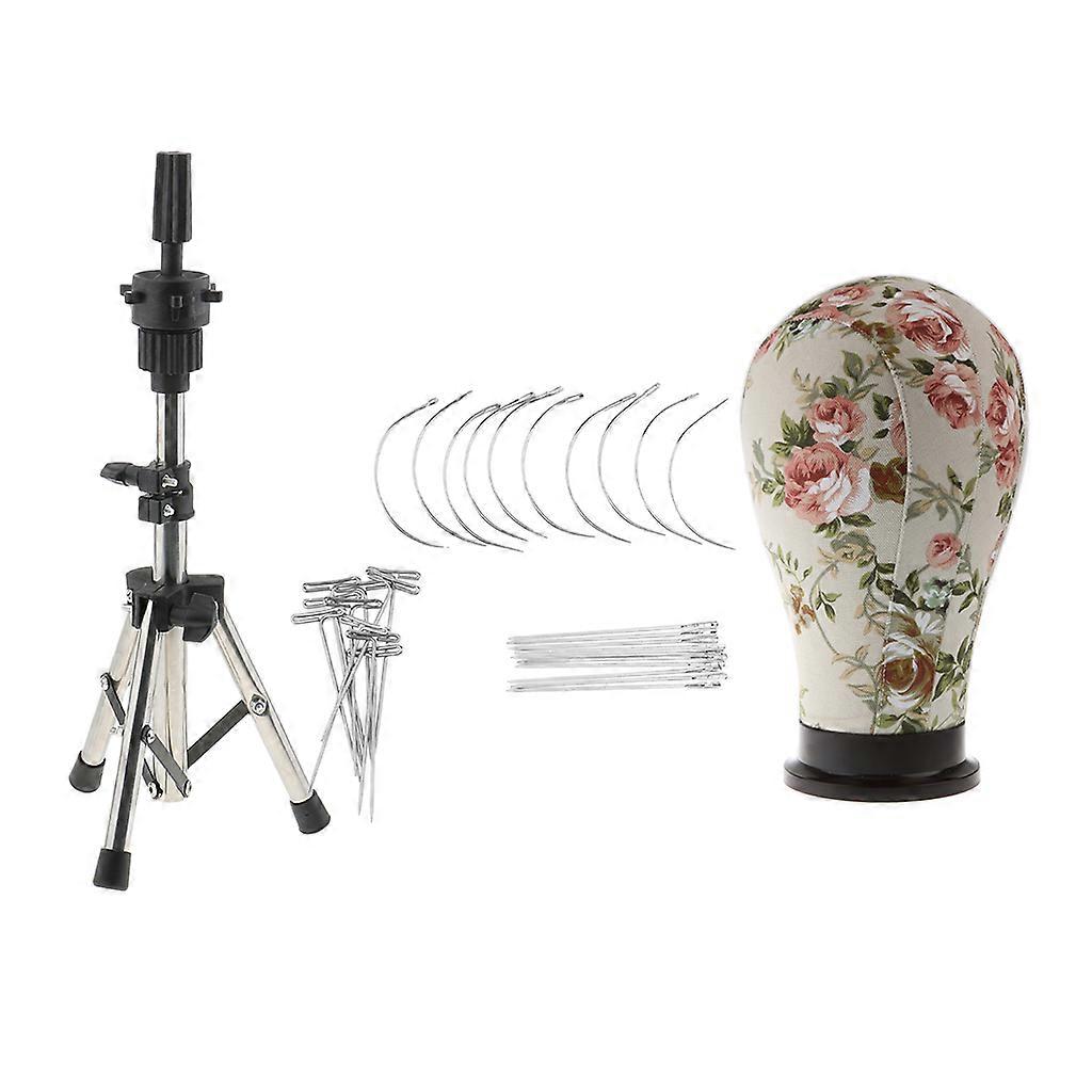 22 Pastoral Red Floral Cork Canvas Block Mannequin Head For Wig Making, Display with Mount Hole(Canvas Head + Tripod Stand + 30PCS Pins)