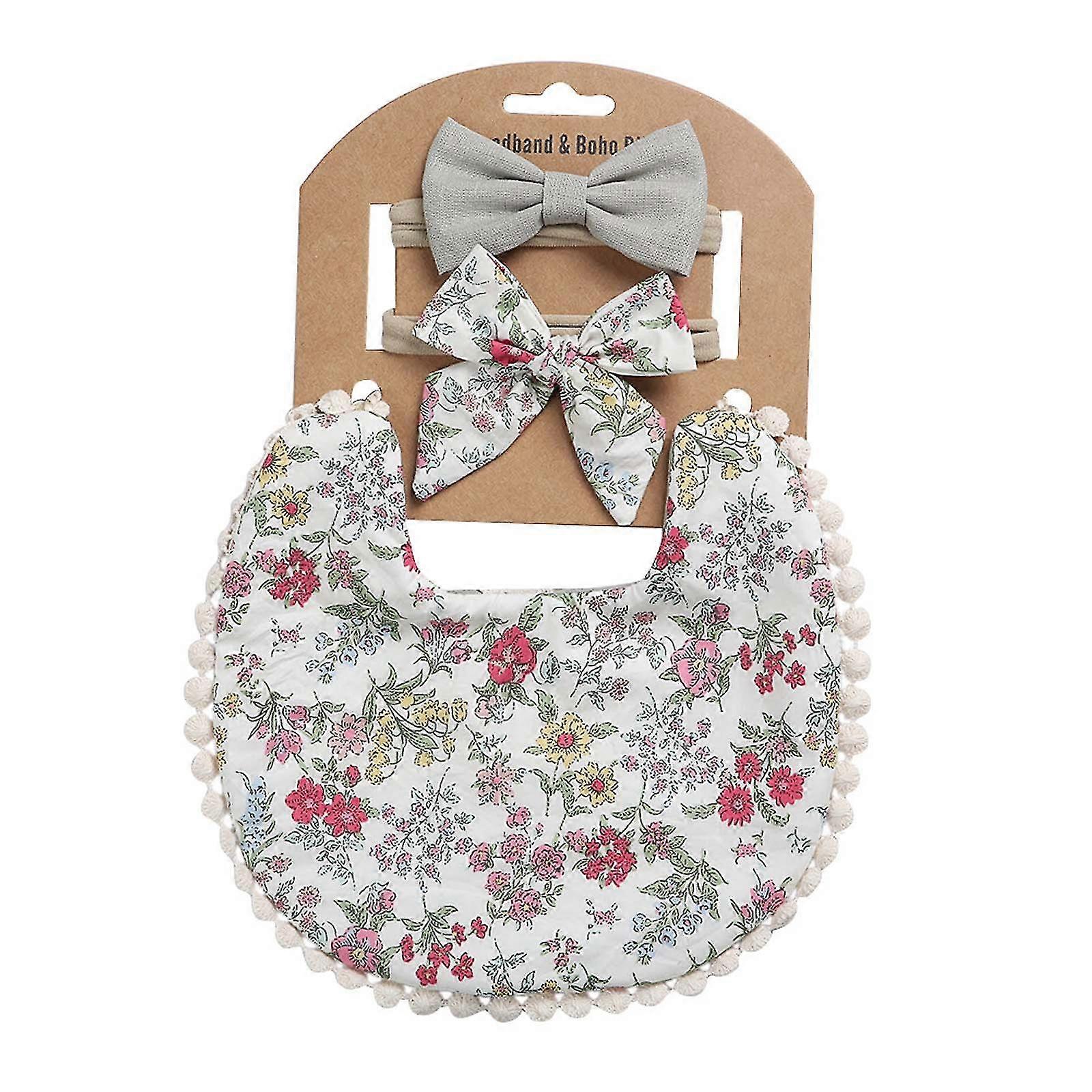 Toddler Baby Plaid Print Linen Cotton Double Sided Saliva Headband Set