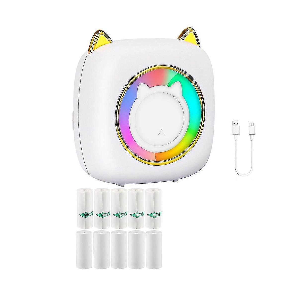 Mini Sticker Printer Pocket Inkless Thermal Printer With Rgb Light, 10 Rolls Thermal Paper, For Photo Notes Memo White XYT