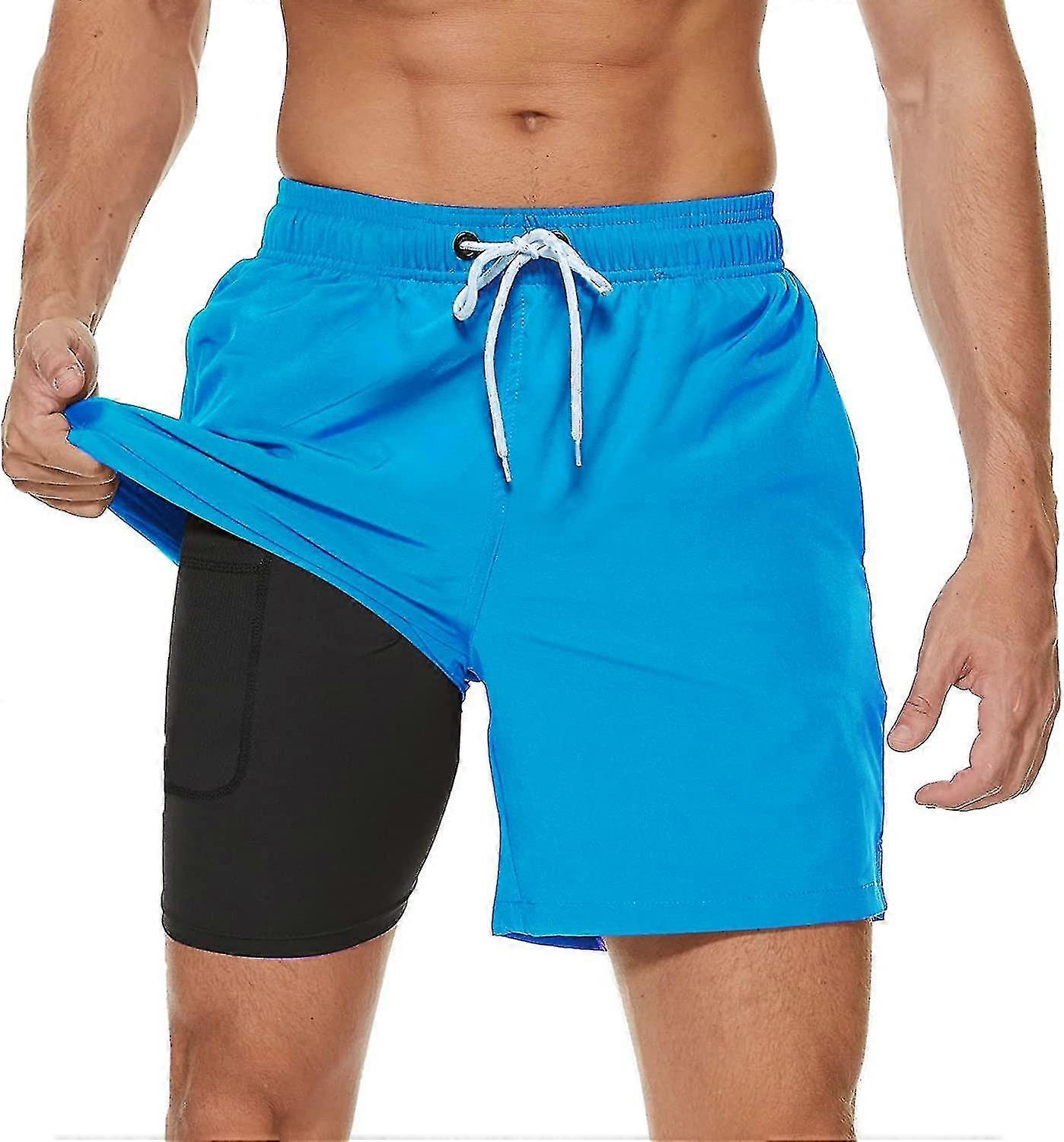 Maillot de bain pour homme avec doublure de compression 2 en 1 Short de bain pour homme à séchage rapide avec boxer Slip doublé Surf Short de plage extensible avec poches zippées Xi