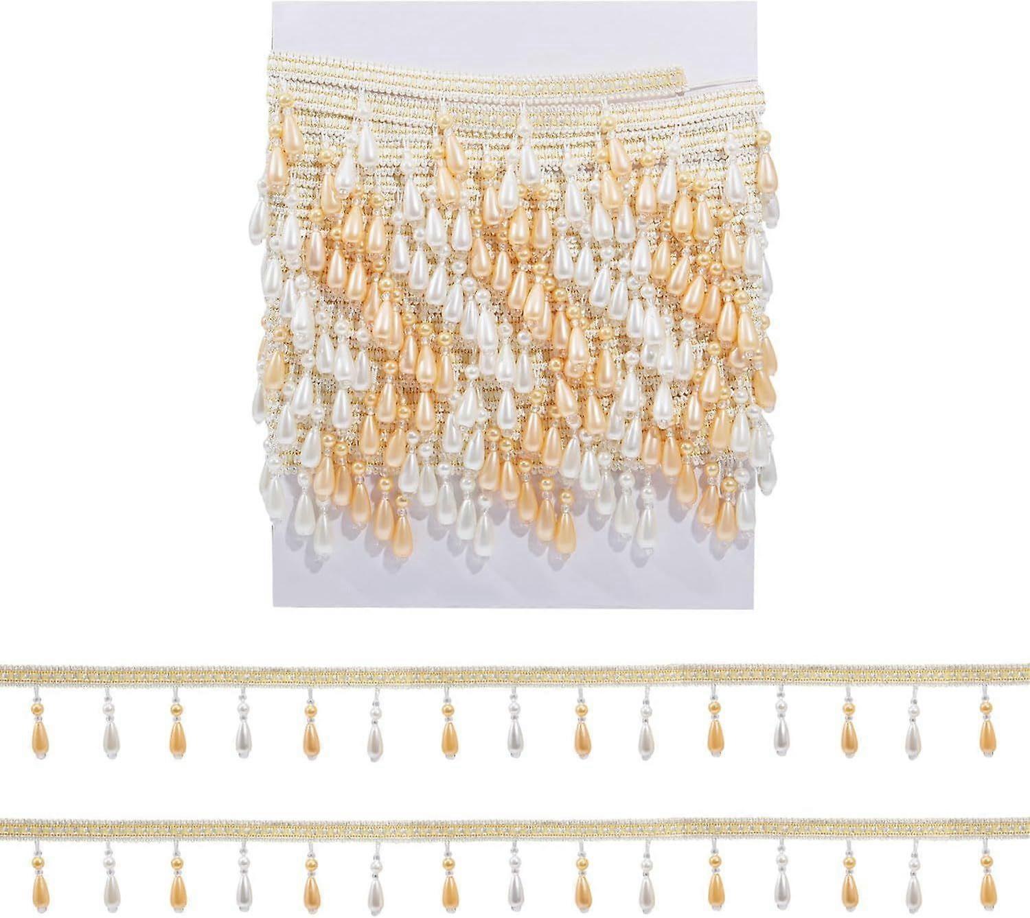 6M Pearl Fringe Tassel Trim 2.3inch Width with Teardrop Pearl Pendant Tassel Polyester Ribbons Tassel Trim Applique Chain Fringe for Curtain DIY and W