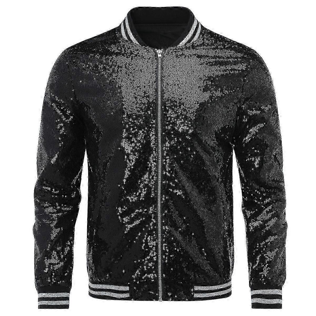 Mens Sequins Casual Zipper Party Bomber Jacket