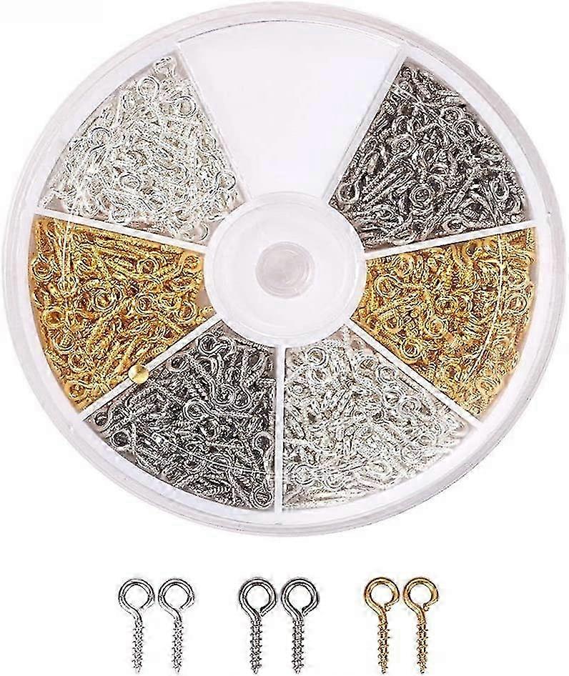 Jewelry small accessories, Assorted Metal Eye Screws in Gold, Silver and Antique - Finish, Stored in a Convenient Round Plastic Compartment Container